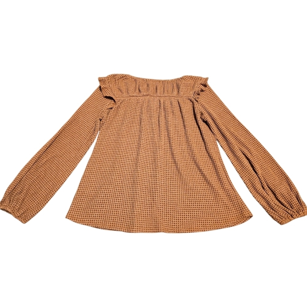 Hailey & Co Wmns M Waffle Knit Blouse Tan Boho Peasant Ruffle Bishop Sleeve USA - Picture 3 of 12